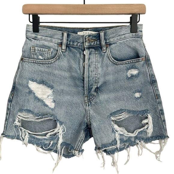 PacSun Women’s 90’s Girlfriend Distressed Light Wash Jean Shorts Size 25 - Picture 1 of 9